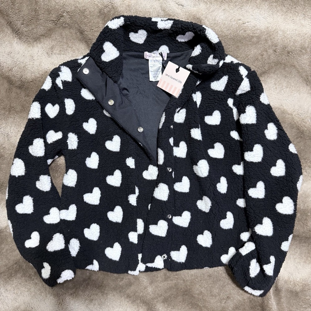 Love Squared Girls Black and White Heart Print Sherpa Snap-Front Fleece Jacket‎